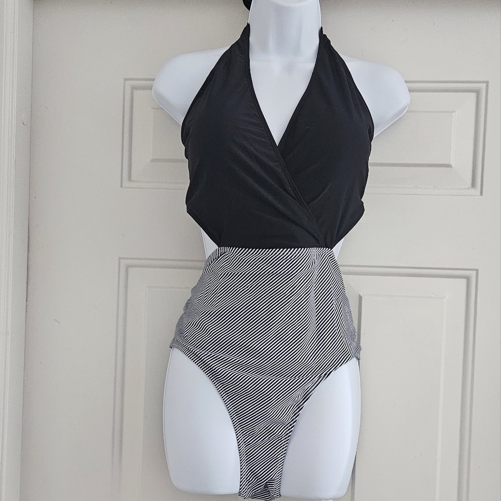 Chic Black and White Striped Swimsuit